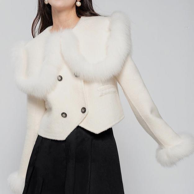 Fox Fur Lapel Sweet Small Short High Waist Woolen Coat