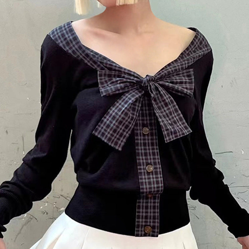 French Style Temperament Bowknot Slimming Hot Girl Knitted Top
