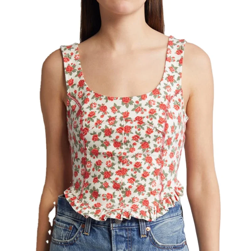 Charm Tops Lady Scoop Neck Corset Crossover Strap Ruffle Hem Rose Floral Tank Top Casual Women's Tank