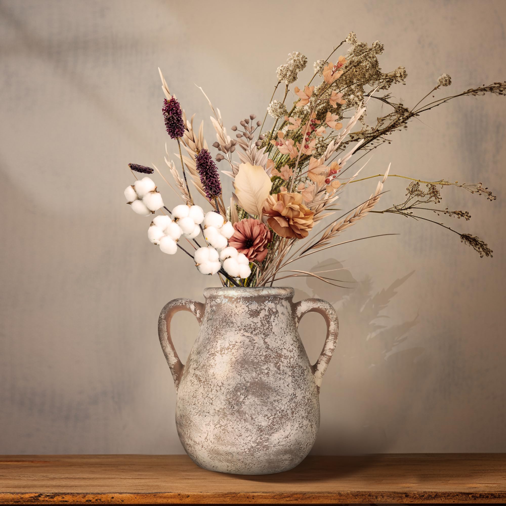 Ceramic Rustic Vase Farmhouse Clay Decorative Terracotta Home Decor Vase Vintage Pot Vases with 2 Handles No Flowers (Brown)