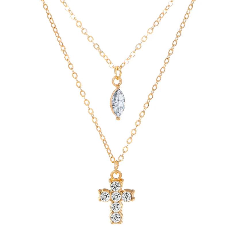 Vintage Cross Rhinestone Layered Necklace