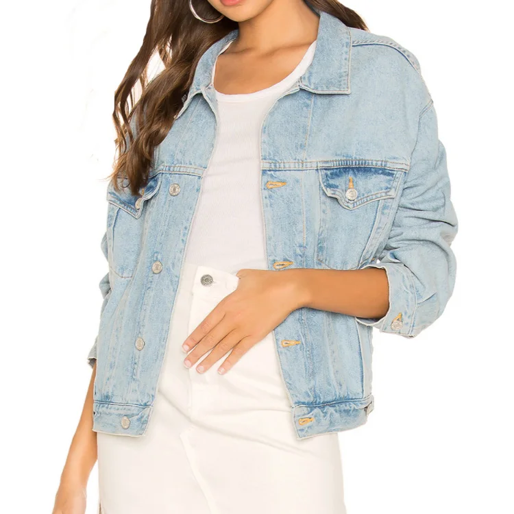 Women's Cotton Distressed Denim Jacket Autumn Windproof Single Button Closure Solid Jacket