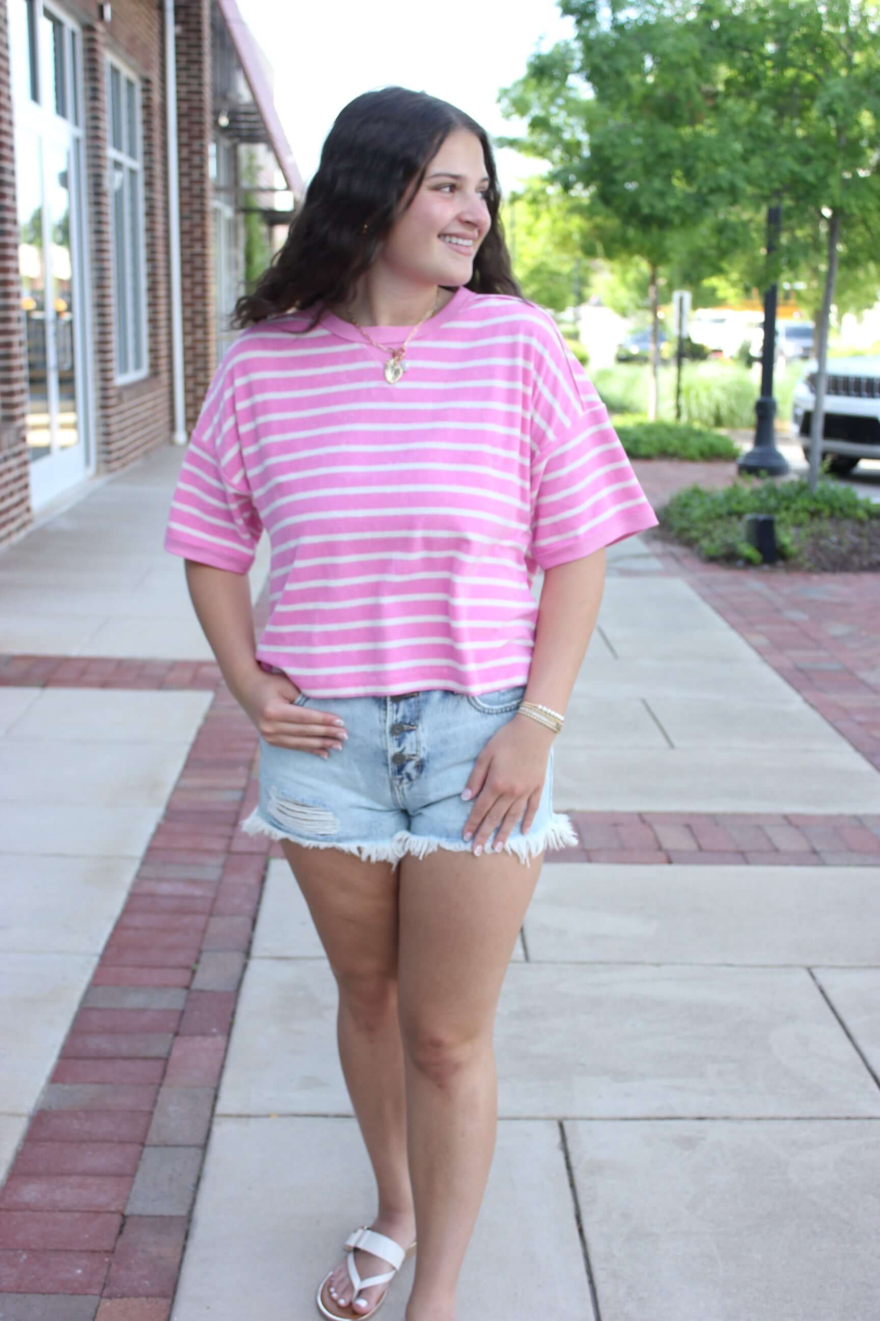 Pink Power Play Striped Crop Tee