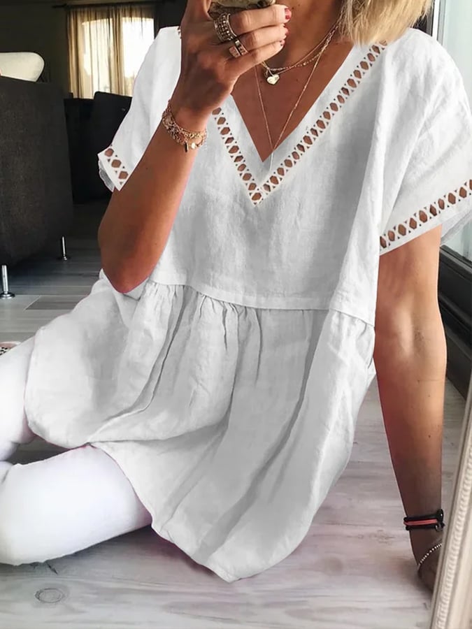 Women's Hollow V-neck Collar Cotton Linen Shirt