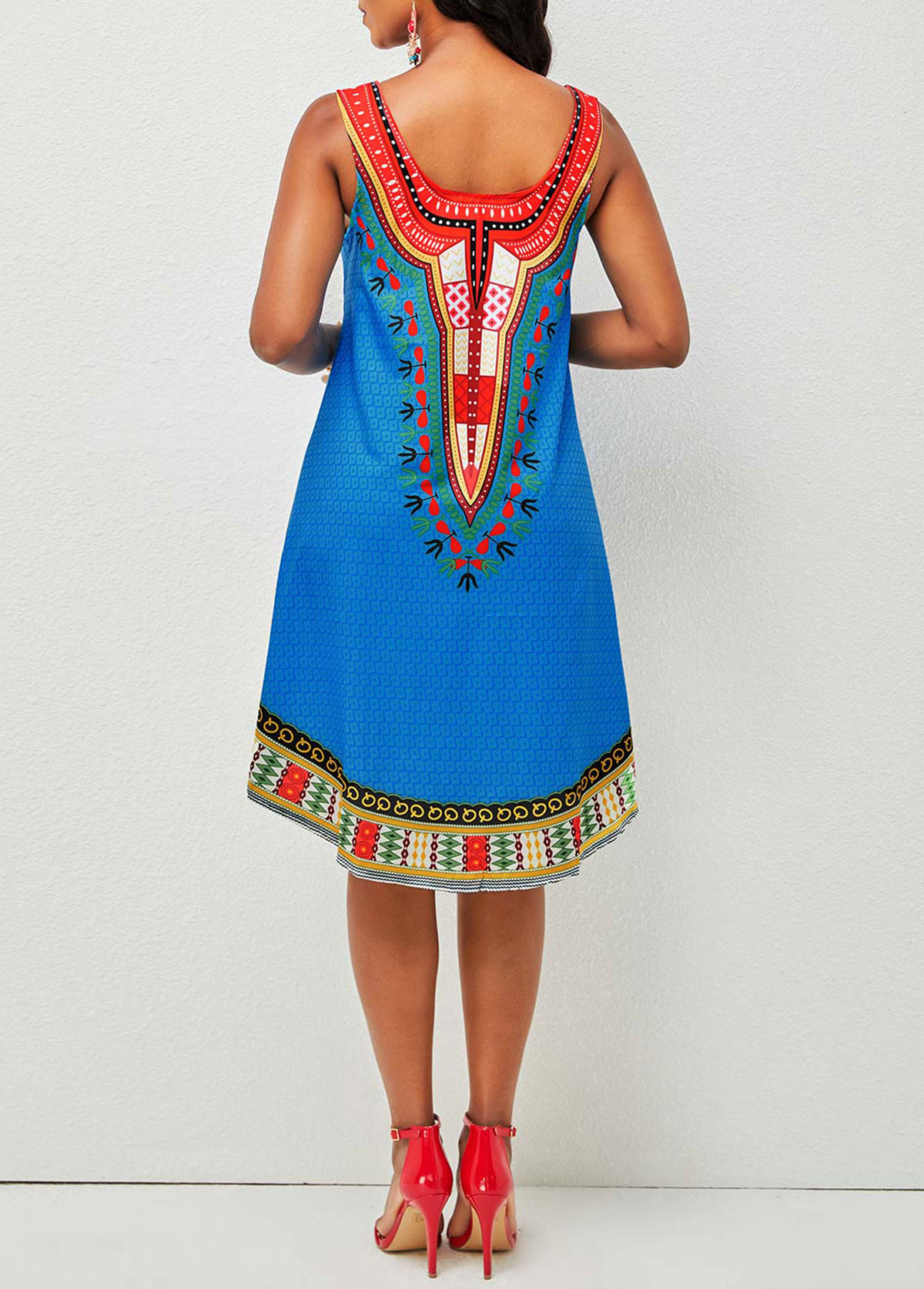 Wide Strap Tribal Print Round Neck Dress