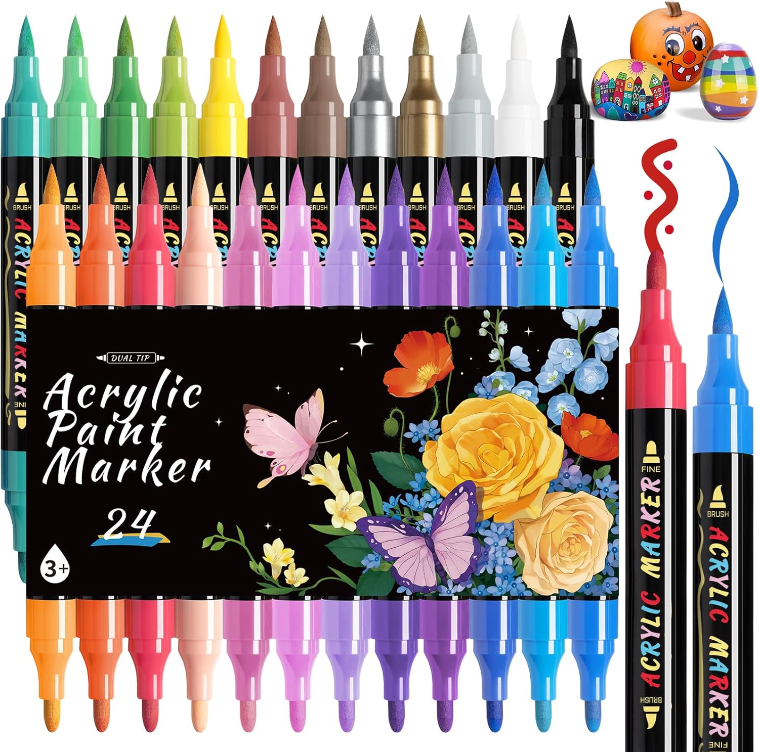 Dual Tip Acrylic Paint Markers, Paint Pens with Fine Tip and Brush Tip Pens, Coloring Markers No Bleed, for Paper, Pottery, Stones, Backpacks, Glass, Eggs, Fabrics, Plastics, Handicrafts