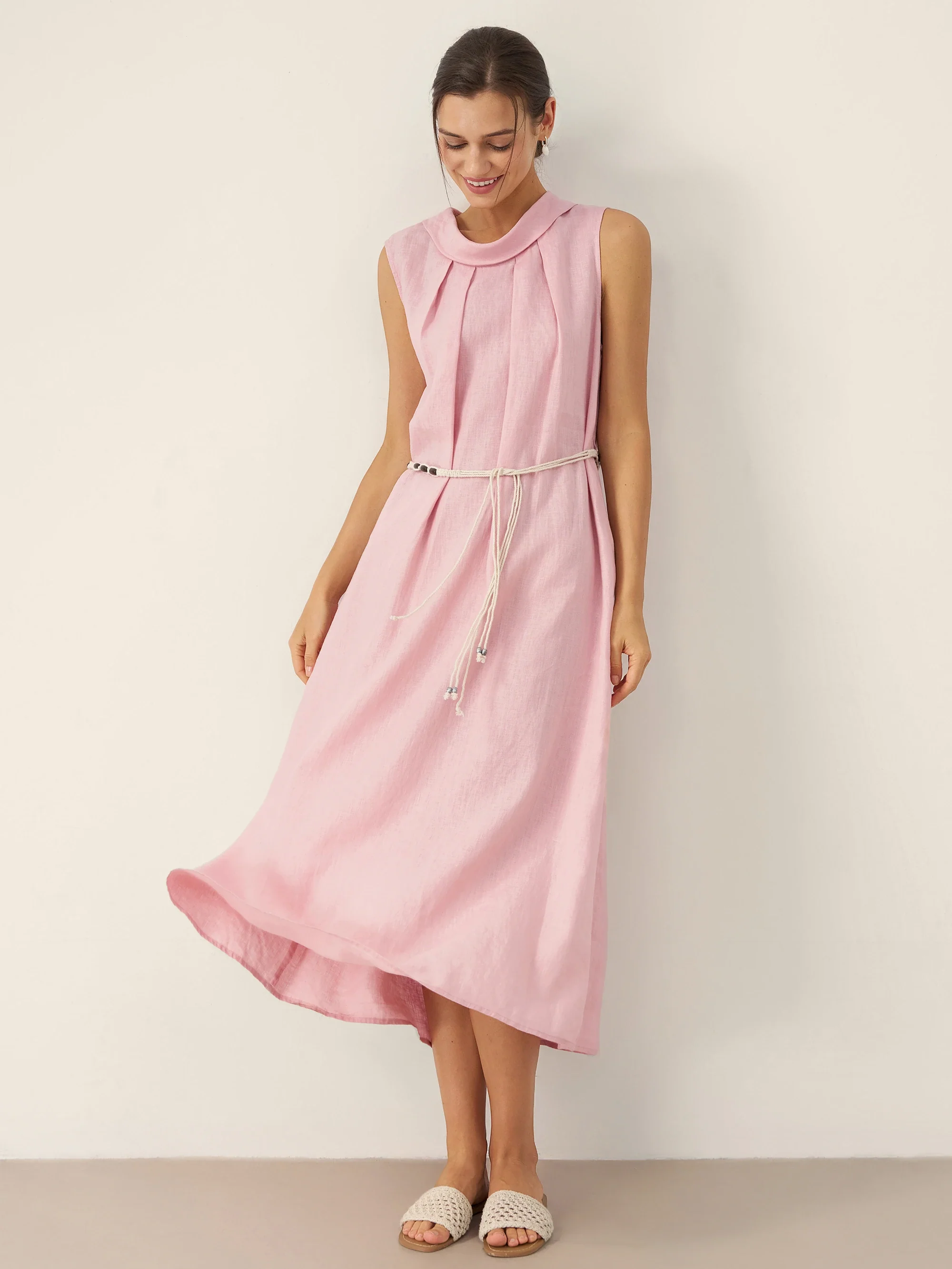 100%  Structured Collar Sleeveless Maxi Dress with Belt