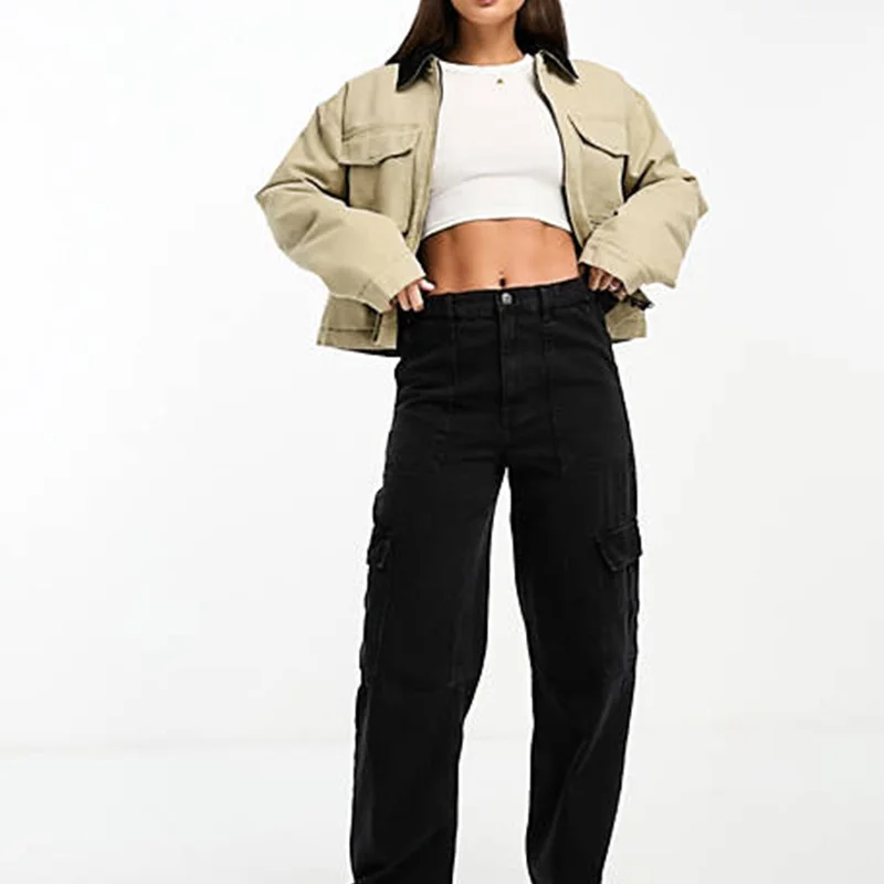 Lady Fall Casual Clothes Spread Collar Chest Pockets Cropped Canvas Streetwear Style Women Jacket
