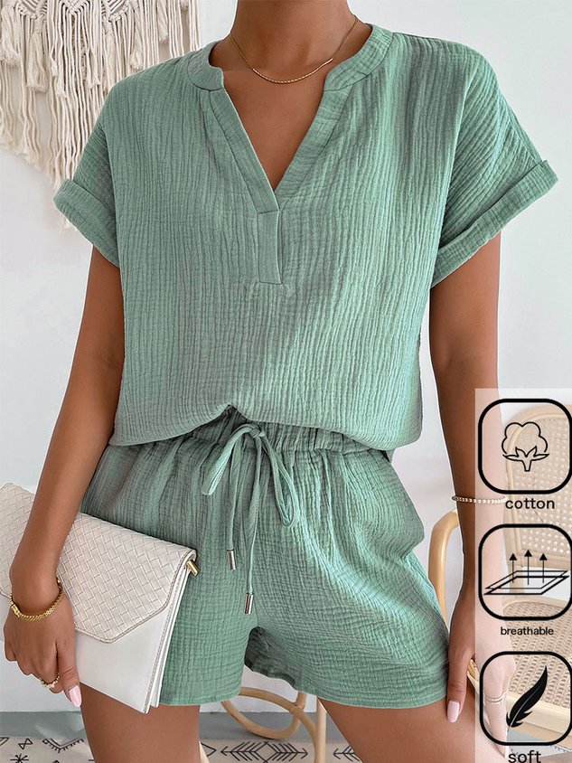 Plain Loose Casual Cotton Two-Piece Set