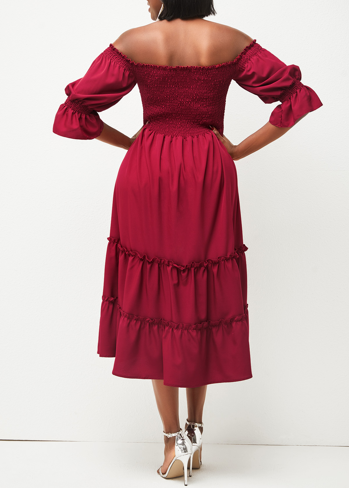 Wine Red Smocked Off Shoulder Valentines Dress