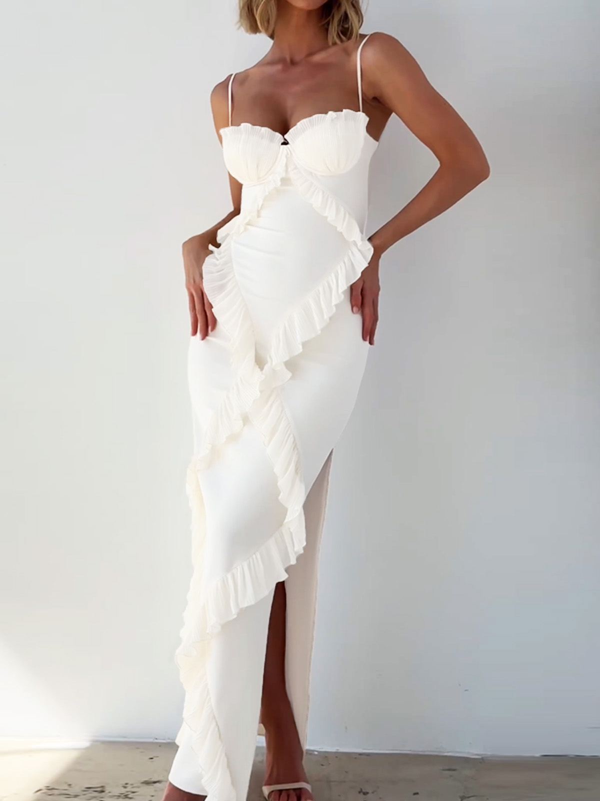 White fungus-trimmed slit maxi dress