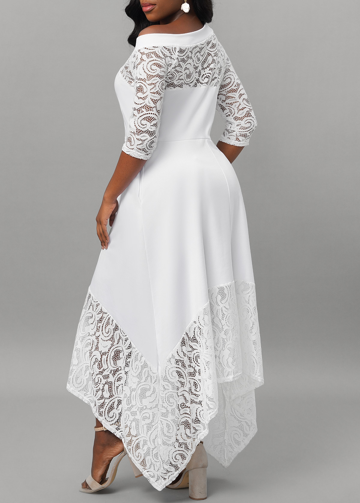 White Lace Stitching Asymmetric Hem Dress