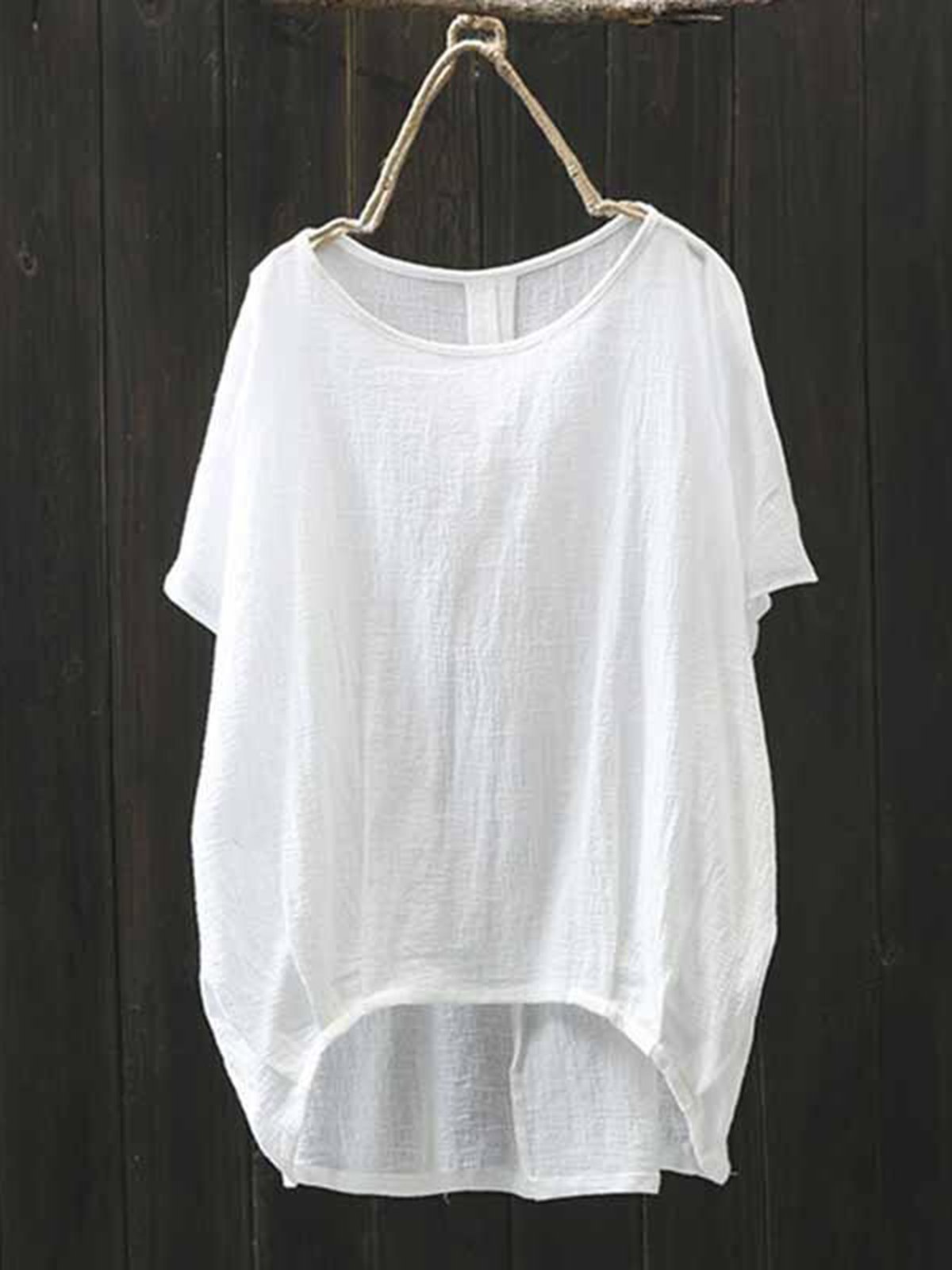 Basic Short Sleeve Solid Crew Neck Asymmetric Linen Blouse