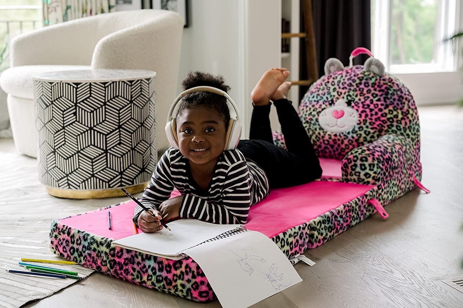 Soft Landing Elite Premium Character Sofa Seat &amp; Transformable Fold-Out Lounger with Carrying Handle – Leopard