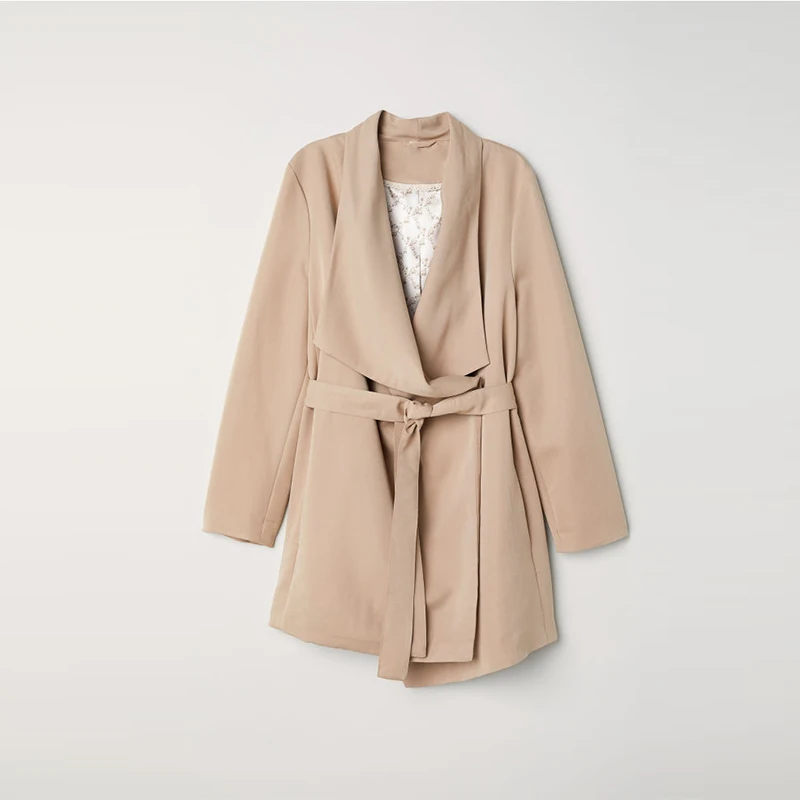 New Arrival Women's Fashion Trench Coat V-Neck Collar Draped Lapels Solid Thin Lining Belted Plaid Coat