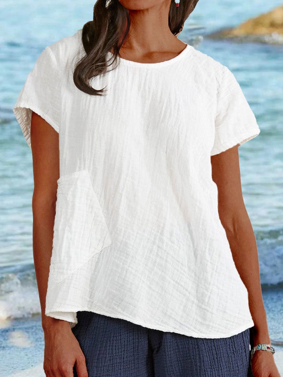 Women's Cotton Linen Pocket Crew Neck Shirt