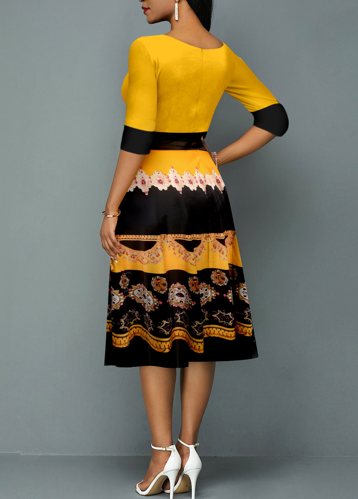 Tribal Print Yellow 3/4 Sleeve Round Neck Dress