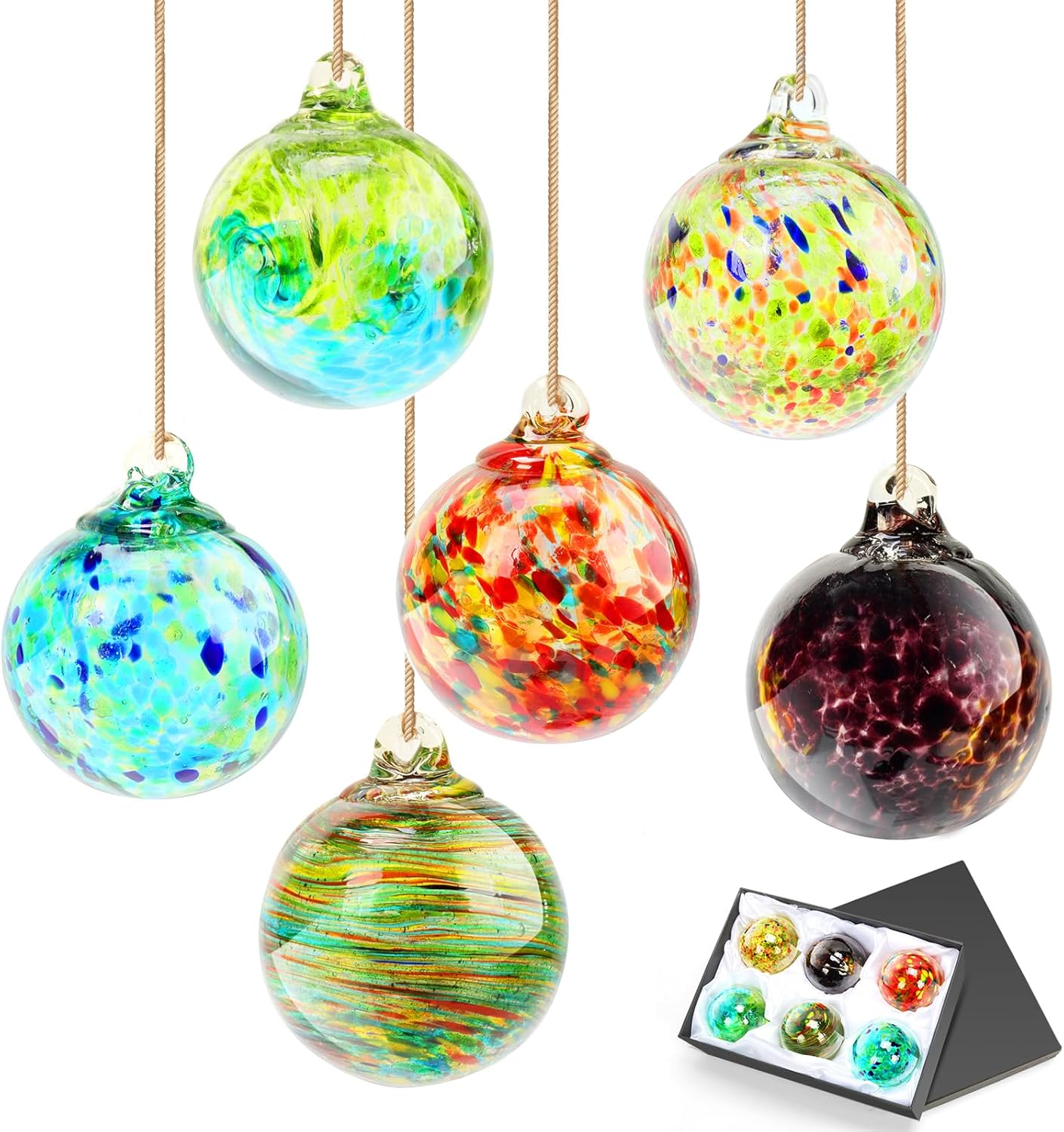 Hand Blown Glass Ornaments, 6 Pcs Gazing Glass Christmas Ornaments, Hanging Friendship Balls Witches Balls for Home Outdoor Window Patio Garden Decor (Colorful)