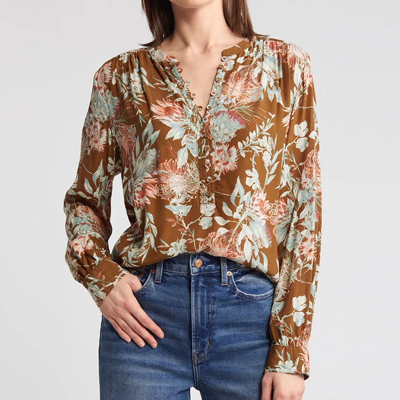 Daily Top Style Women's Long Sleeve Curved hem Wild Floral Print Crepe Popover Regular Top