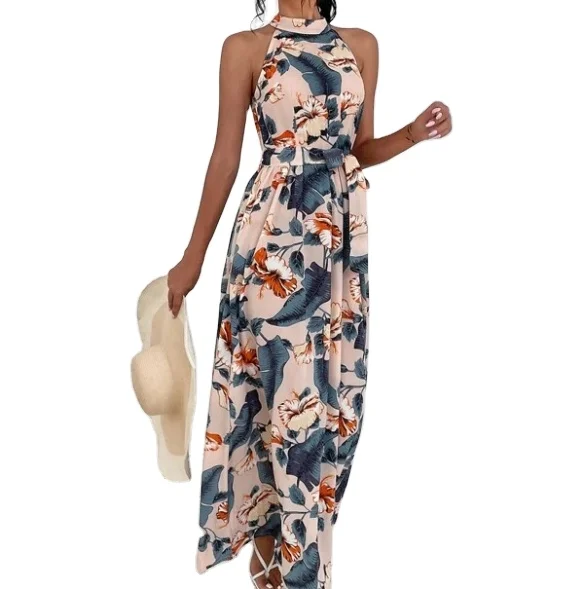 2024 Lady Summer Casual Vintage Long Dress Tropical Floral Print Halter Neck Woven Maxi Dress
