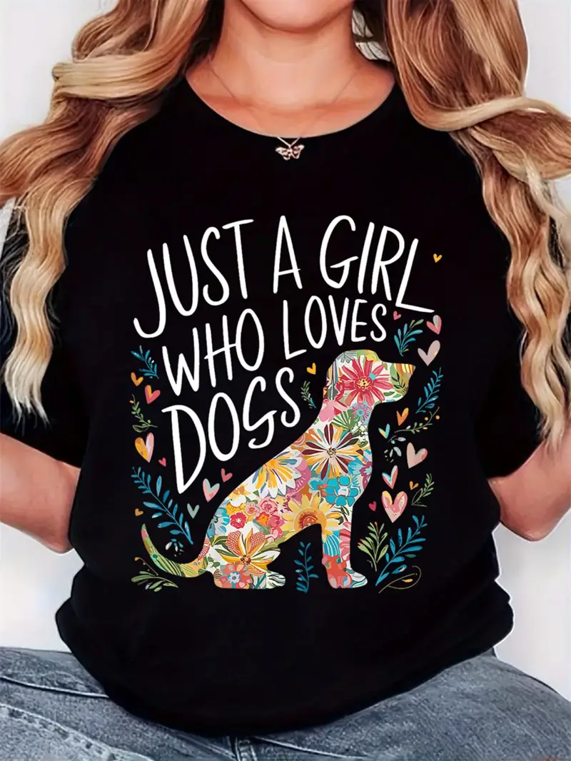 Women's "Just a Girl Who Loves Dogs" Graphic Tee - Retro Minimalist Floral Dog Print