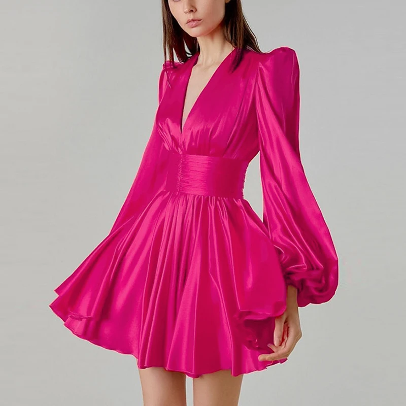 2024 Fashion Elegant Long Sleeve High Waist V-neck Women Sexy Party 100% Silk Stain Flare Casual Dresses