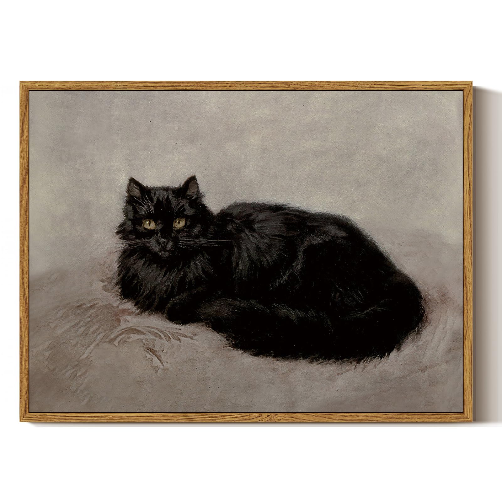 Framed Canvas Wall Art Prints, Black Cat Artworks, Vintage Animal Oil Paintings Decor, Retro Classical Picture Hanging Wall Decor for Bathroom Living Room Bedroom Office, 30x40cm