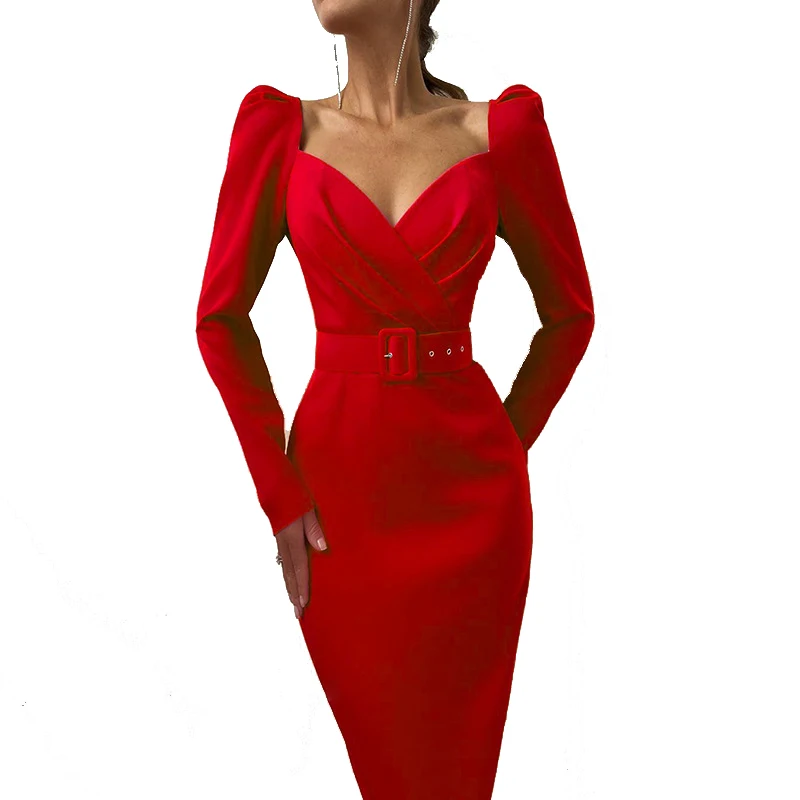 2024 Autumn Full Sleeve V-neck Shirred Waist Band Women Party Elegant Lady Casual Slim Long Dresses