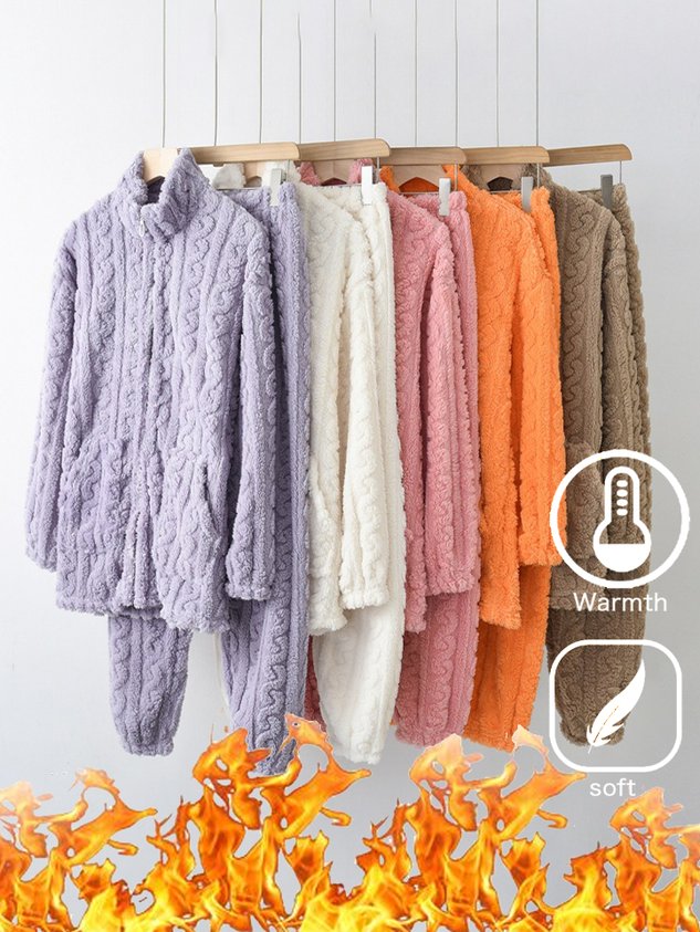 Fluff/Granular Fleece Fabric Zipper Casual Crew Neck Two-Piece Set