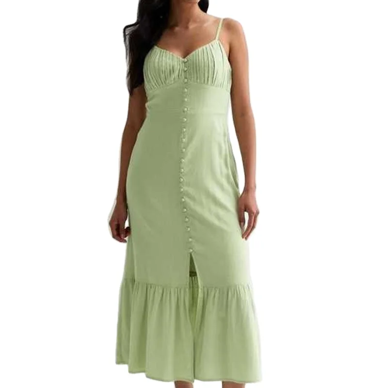 2024 Modest V-Neck Adjustable Strap Decorative-Button Tired Hem Midi Women Casual Summer Midi Cotton Dresses