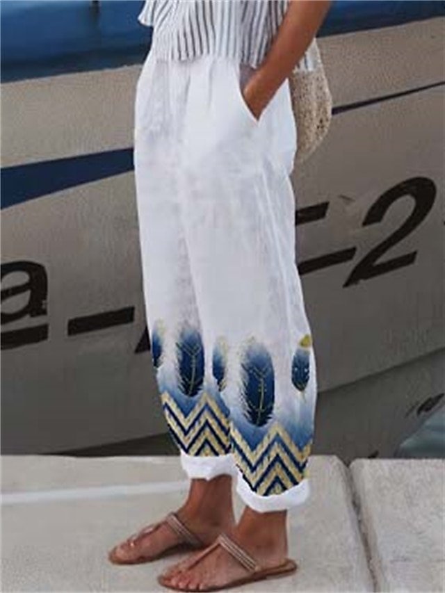 Women's Pants Trousers Faux Linen Black White Yellow Fashion Casual Weekend Side Pockets Full Length Comfort Geometric S M L XL XXL