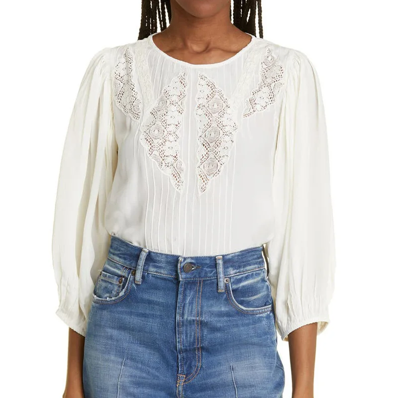 Fall Tops Lady Scoop Neck Tiny Pin-tucks Long Sleeves Lace Inset Casual Blouse Women's Shirts