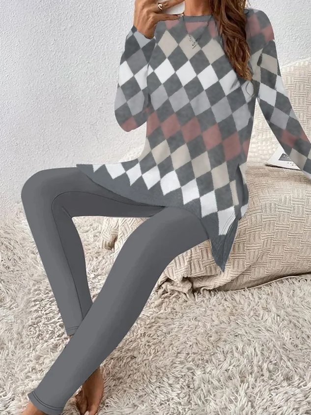 Plus size Casual Crew Neck Loose Geometric Two-Piece Set