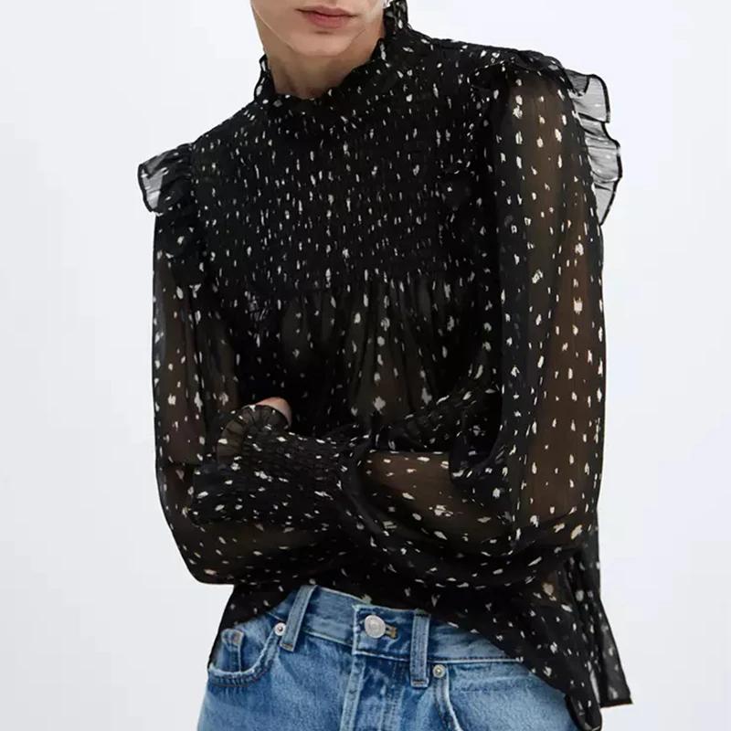 Daily Long Sleeves Shirt Style Casual Women's Semi-transparent Sexy Regular Chiffon Dot Ruffles Printed Blouse
