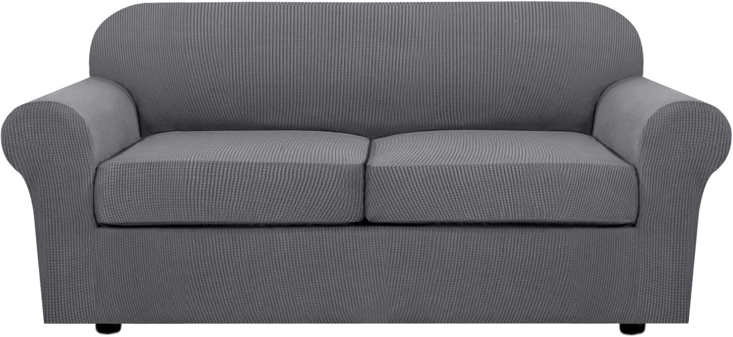 H.VERSAILTEX 3 Piece Stretch Sofa Covers for 2 Cushion Sofa Couch Covers for Living Room Furniture Cover (Base Cover Plus 2 Seat Cushion Covers) Thicker Jacquard Fabric(Large Sofa, Grey)