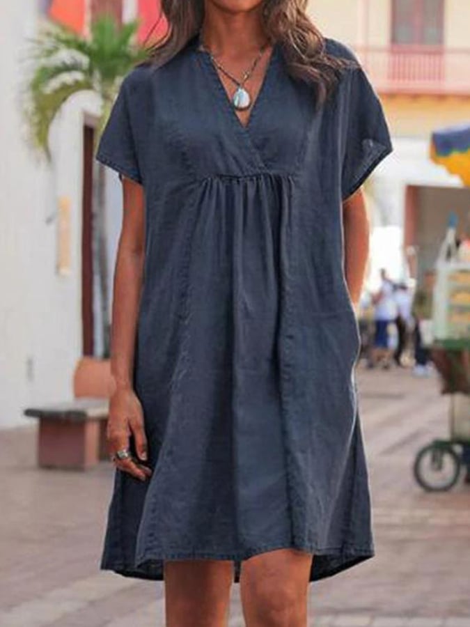 Women's Cotton Linen V Neck Loose Casual Dress