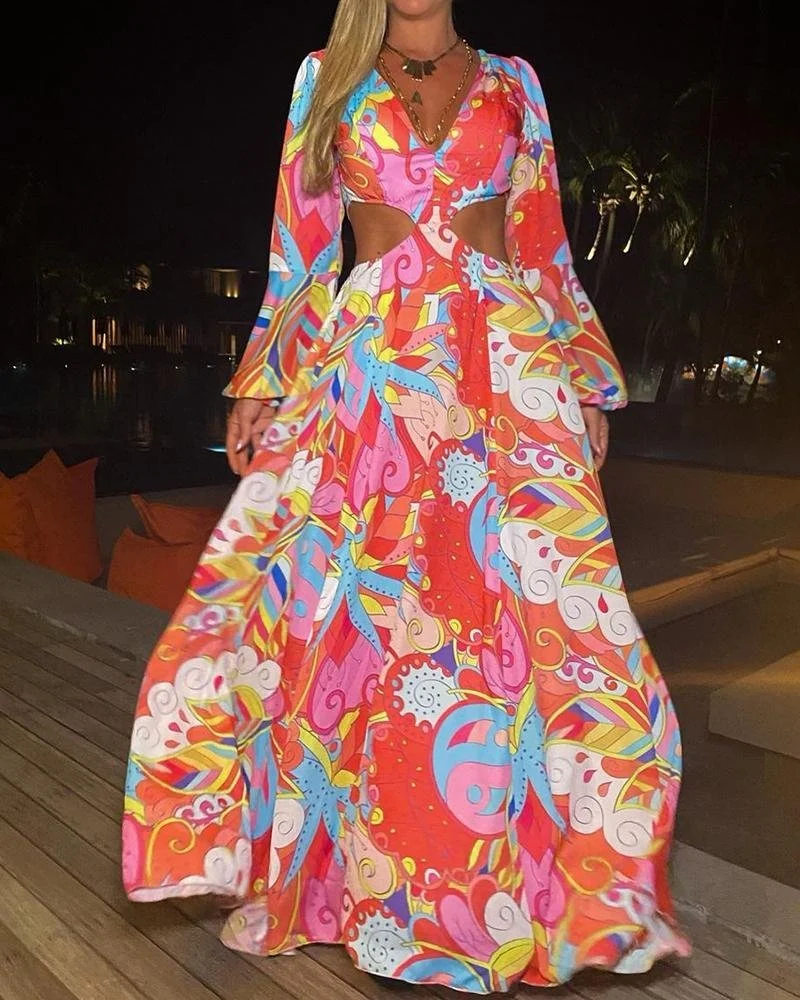 Long Sleeve Print Cutout Dress