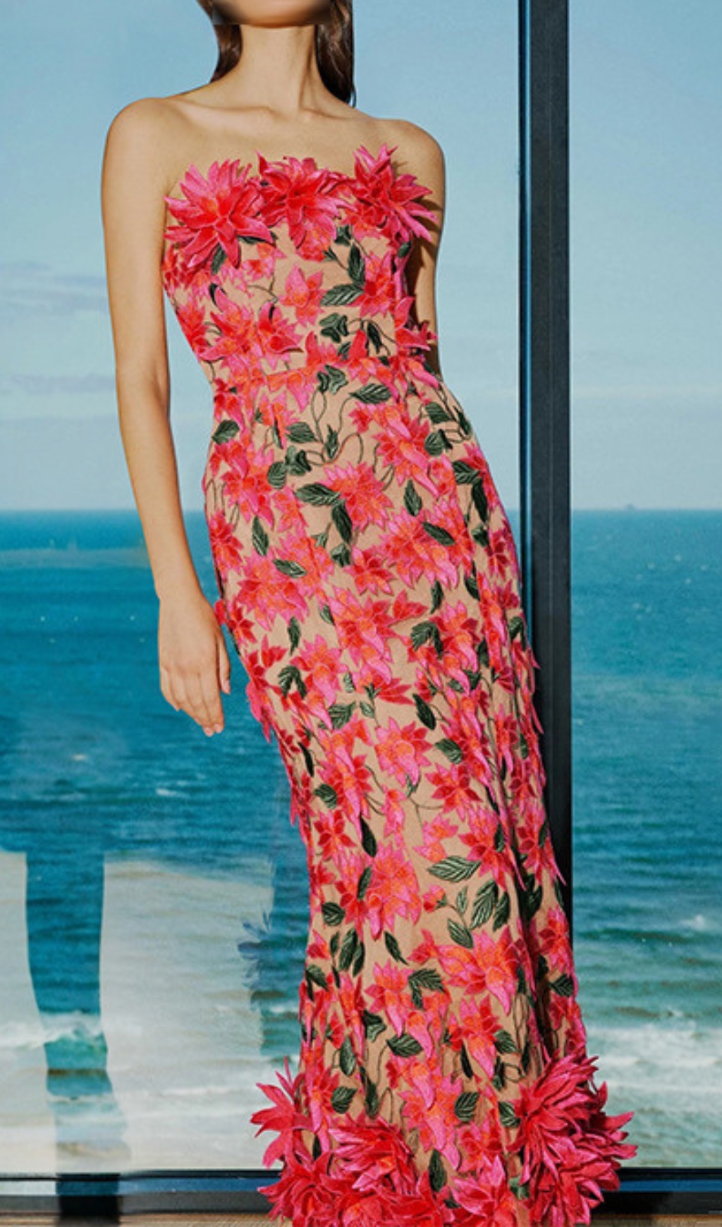 Derya Rose Red Strapless Flower Maxi Dress