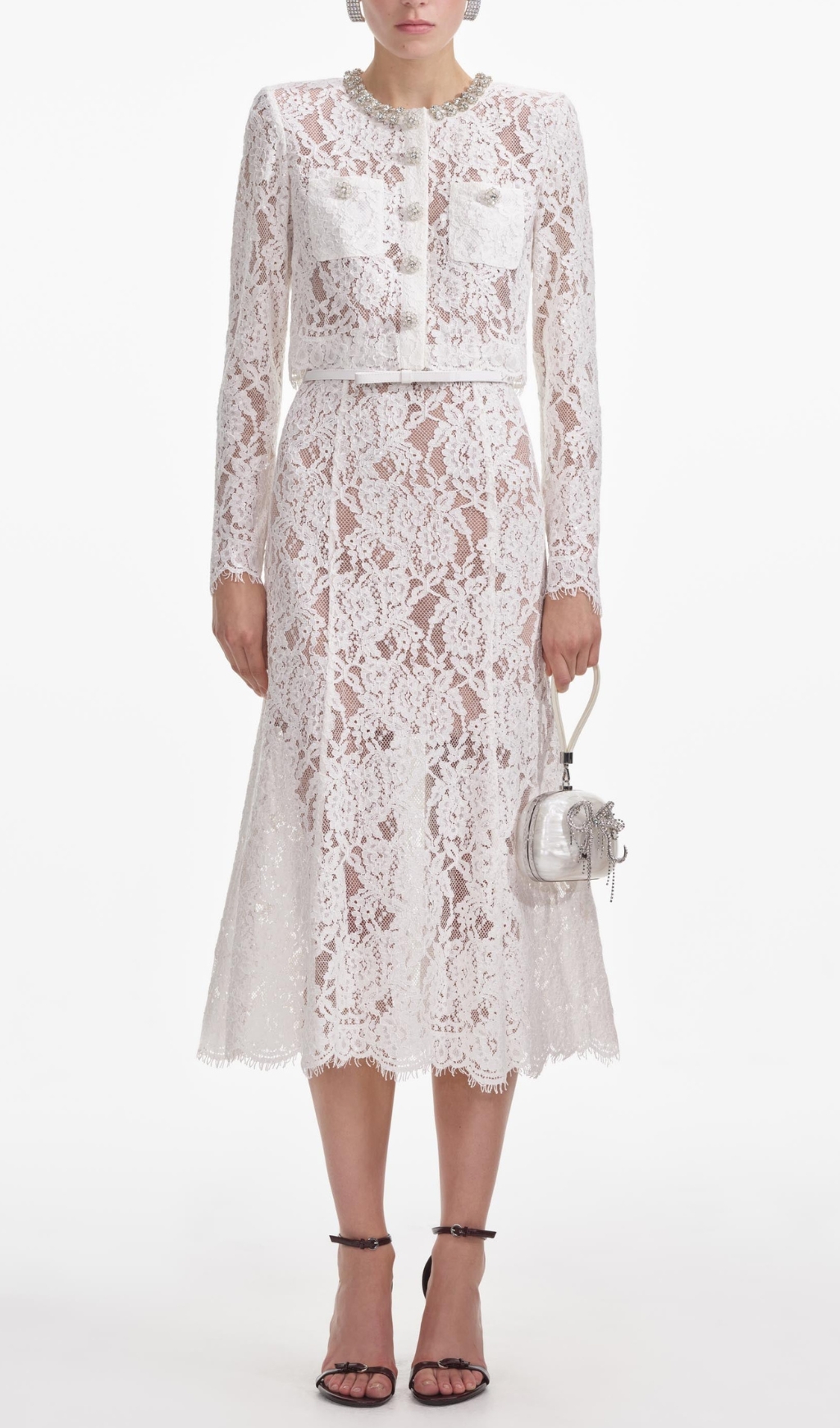 White Lace Embellished Top & Midi Skirt