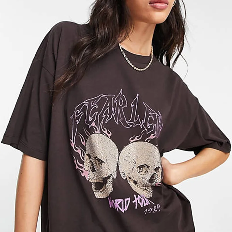 Hot Selling Women's Crew Neck Drop Shoulder Oversized Hotfix Fearless Skull Graphic Brown T-shirts