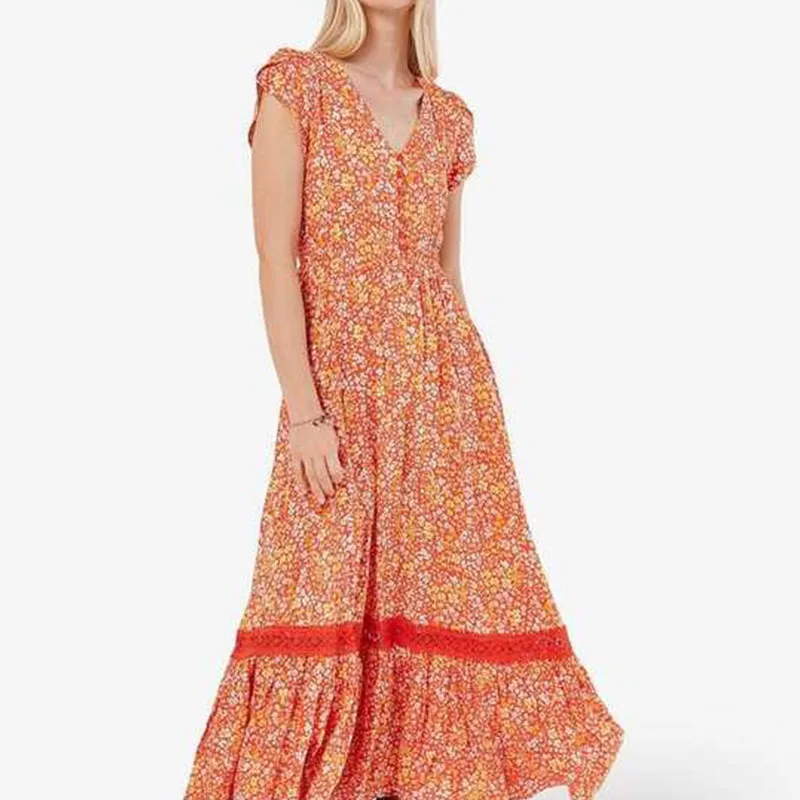 2024 Modest Fit And Flare V-Neck Side Pocket Ditsy Floral Crochet Lace Trim Maxi Women Casual Summer Dresses