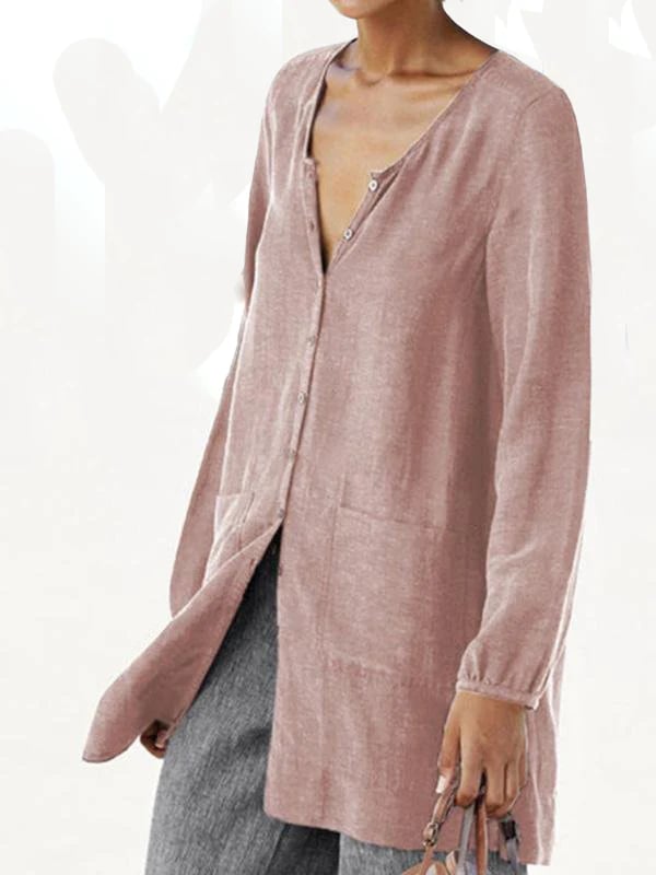 Two Pockets Solid Color V-Neck Long-Sleeved Shirt