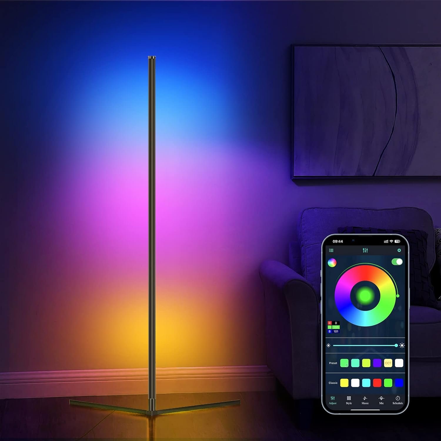 RGB Corner Floor Lamp, Easter Floor Lamp RGBIC Color Changing Corner Lamp LED Modern Floor Lights with Bluetooth APP and Remote Control Music Sync, 65" RGB Mood Lighting 24H Timing 398+ DIY Modes