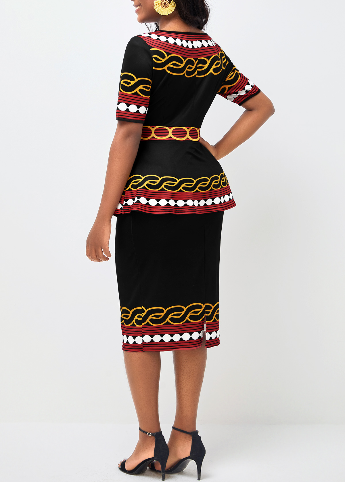 Tribal Print Round Neck Deep Red Peplum Waist Dress