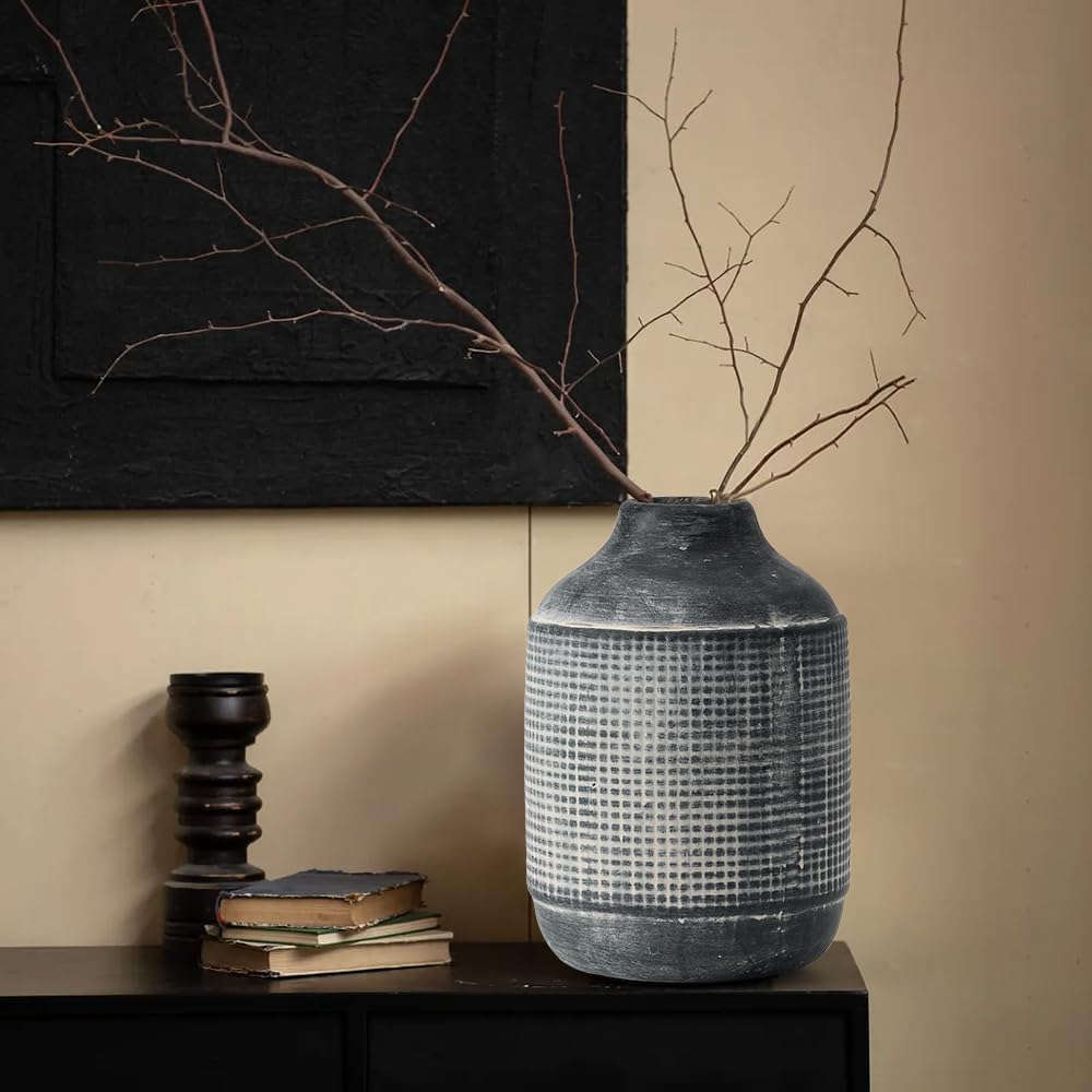 Black Textured Boho Ceramic Rustic Farmhouse Vase | Tall 7.4 Inch Flower Vase for Home Decor