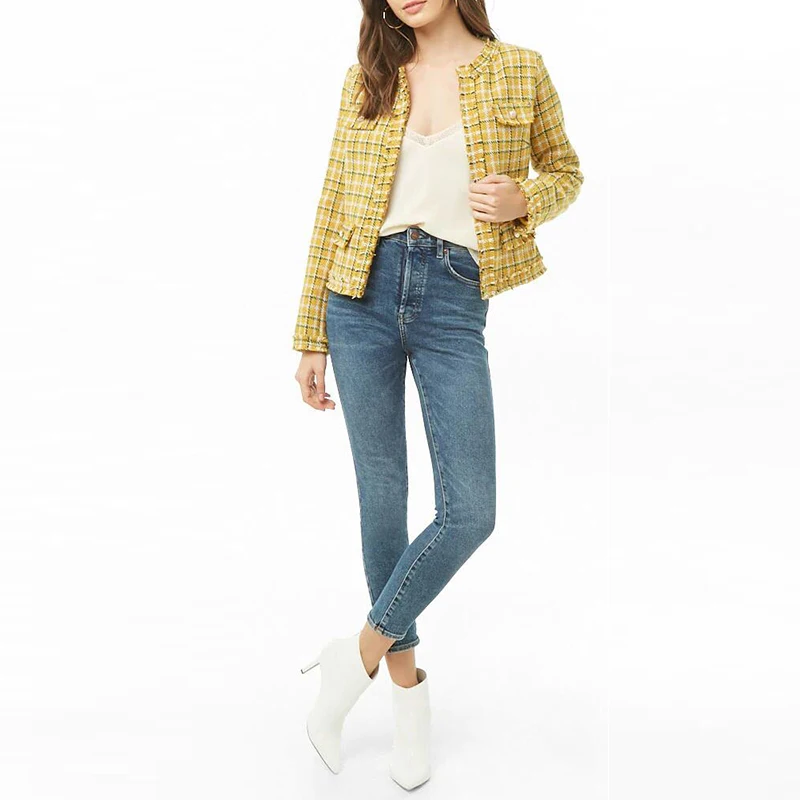 High Quality Ladies Tweed Jacket Short Length Plaid Pattern Autumn Tweed Coat