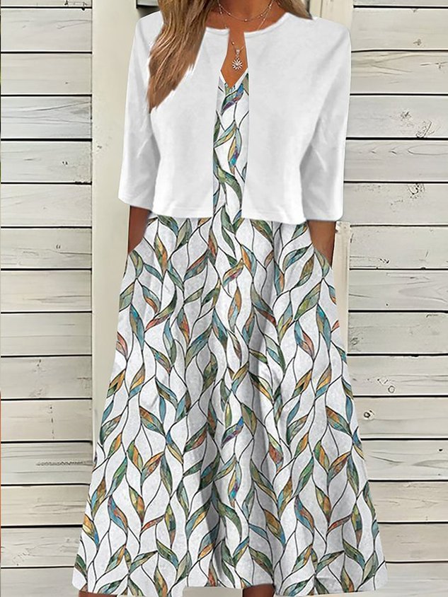 Plus Size Loose Casual Leaf Crew Neck Two-Piece Set