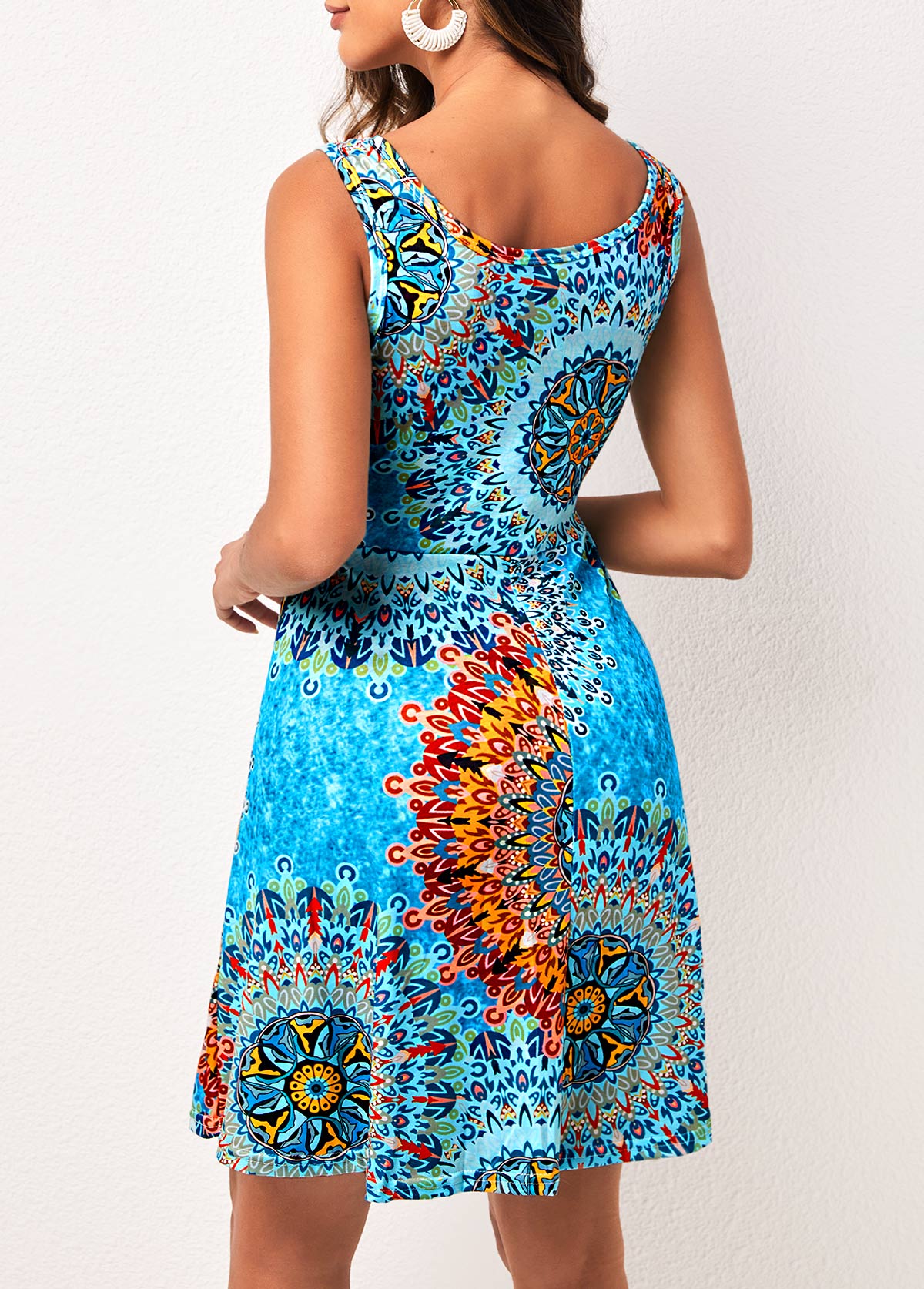 Wide Strap Sky Blue Tribal Print Dress