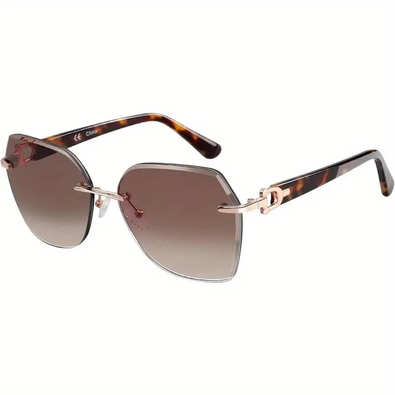 Women'S Oversized Rimless Fashion Glasses - Geometric Diamond Cut Gradient Lens - Brown