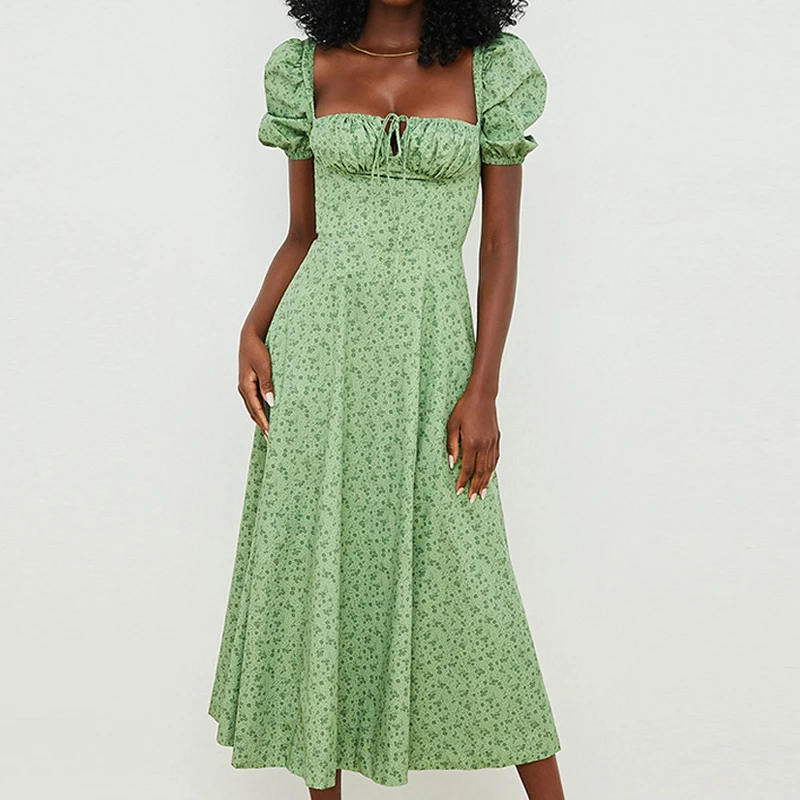 2024 Green Square Neck Puff Sleeve Slit Summer Women Casual Floral Long Dresses